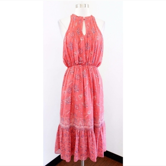Joie 100% Silk Coral Pink Print Sheer Tiered Halter Midi Flowy Sundress Sz M - Picture 5 of 14